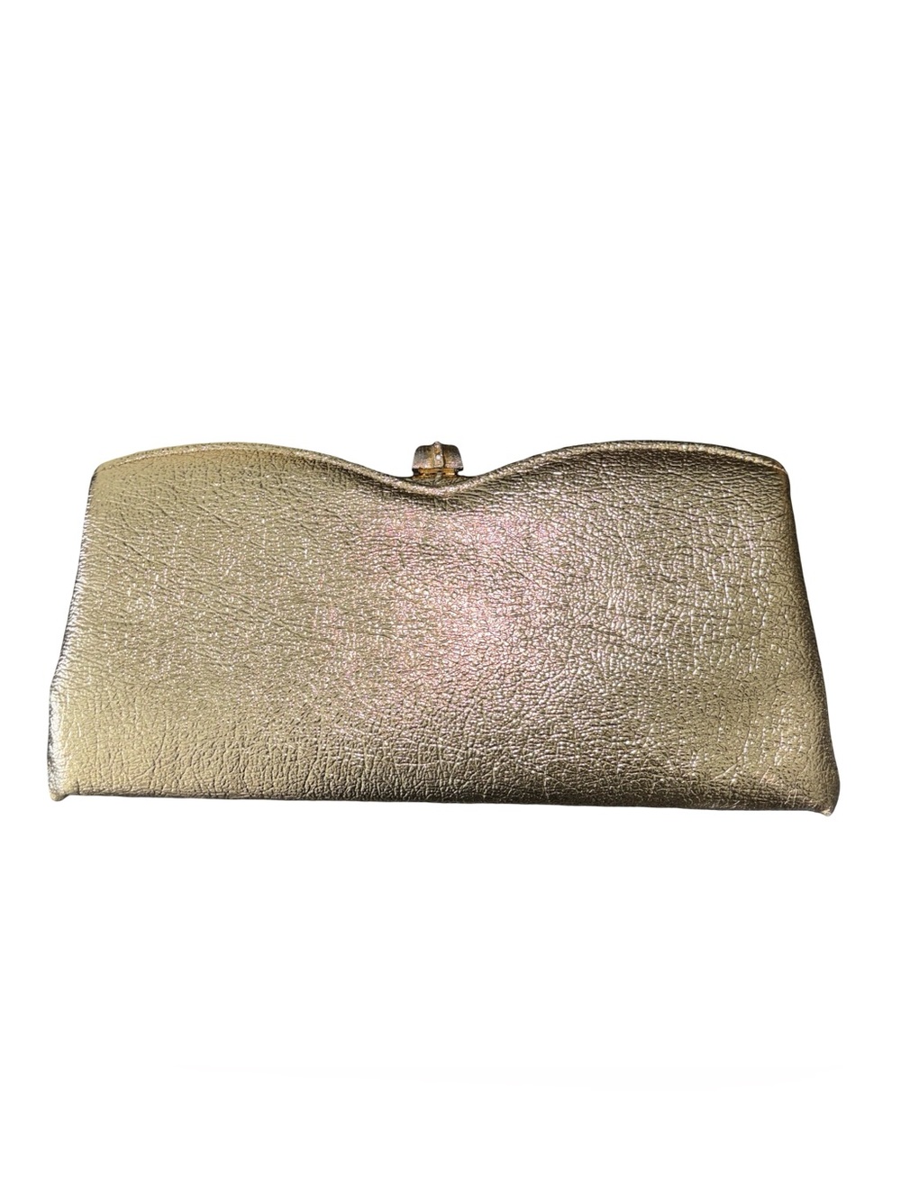 Vintage Gold Metallic Scalloped Clutch Evening Bag Rhinestone Clasp Chain Strap
